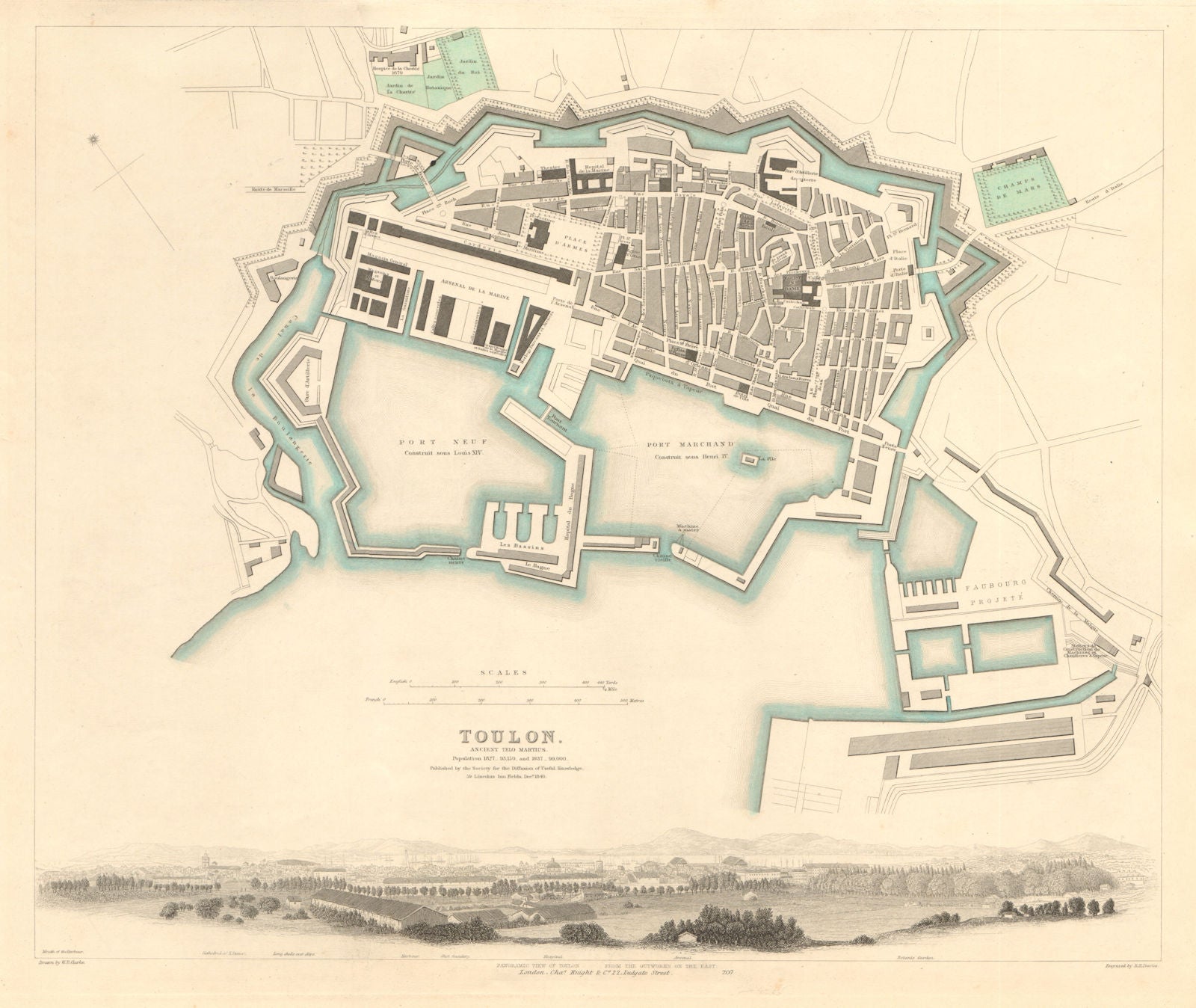TOULON antique town city map plan. Telo Martius. Panorama view. SDUK 1847